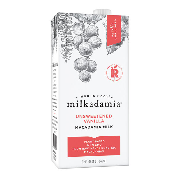 A white Milkadamia carton of unsweetened vanilla macadamia milk with a graphic design.