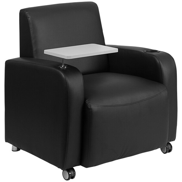 A black Flash Furniture leather guest chair with a tablet arm.