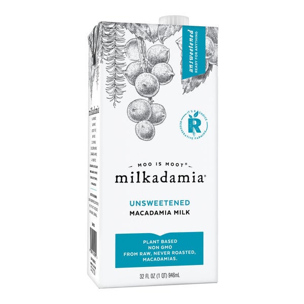 A white Milkadamia carton of unsweetened macadamia milk.