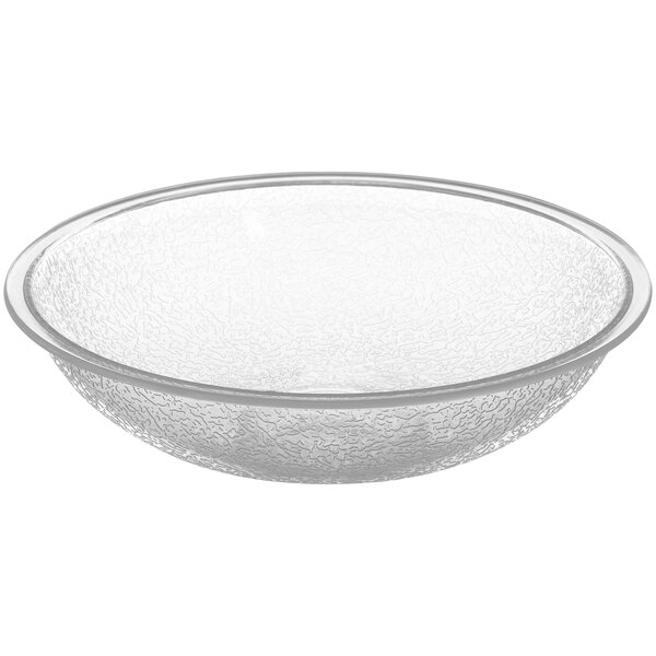A clear pebbled polycarbonate bowl with a rim.