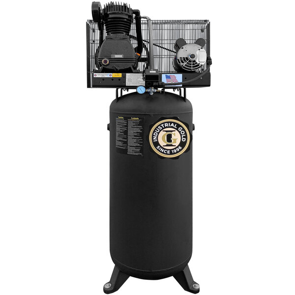 An Industrial Gold vertical air compressor with a black cylinder and a fan on top.
