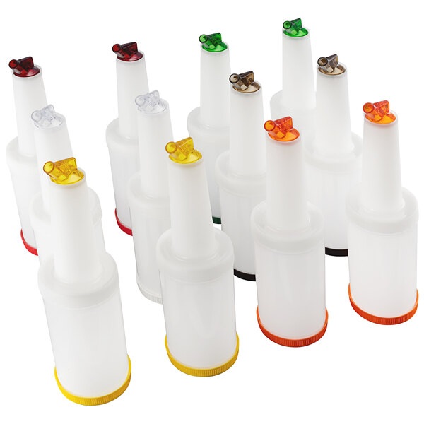 A group of Carlisle white plastic Store N' Pour containers with colorful caps.