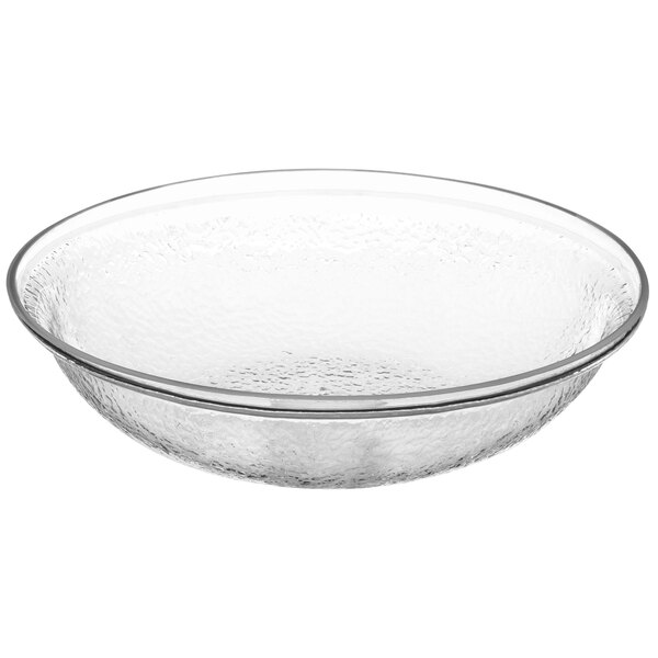 A clear pebbled acrylic bowl with a rim.
