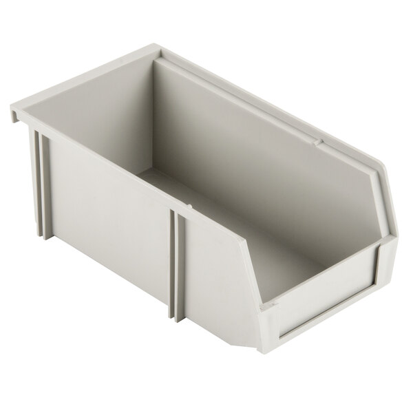 A gray plastic Metro stackable organizer bin with a handle.