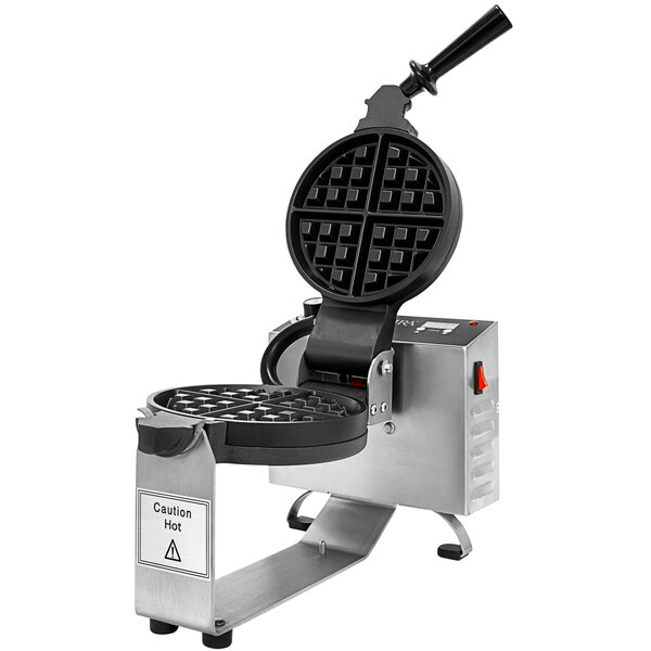 A Sephra commercial waffle maker with a handle and a lid.