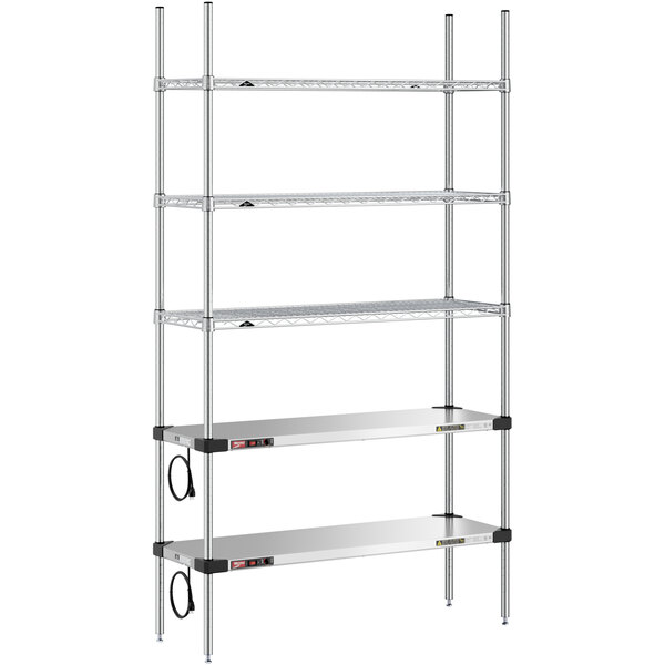 A Metro stainless steel shelving unit with 2 heated shelves and 3 chrome shelves.