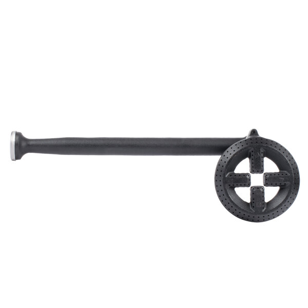 A black metal pipe with a circular design on the end.