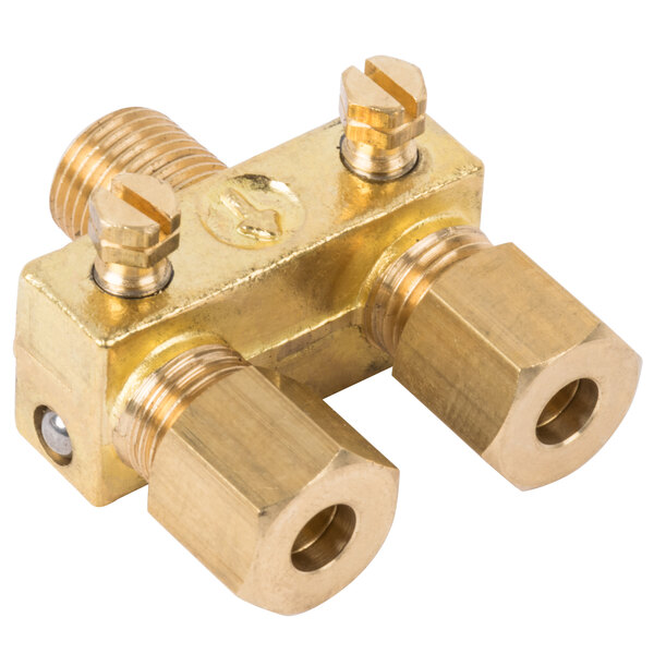 A Main Street Equipment dual pilot valve with two brass nuts.