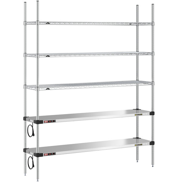 A Metro stainless steel shelving unit with two heated shelves, three chrome shelves, and chrome posts.