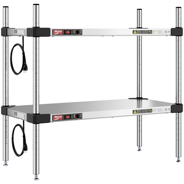 A Metro Super Erecta stainless steel countertop heated takeout station with shelves and wires.