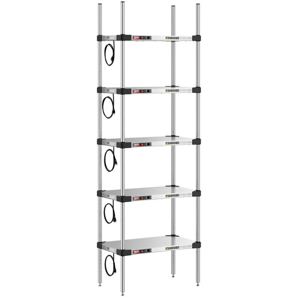 A Metro Super Erecta heated stainless steel takeout station with 4 stainless steel shelves and chrome posts.