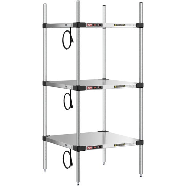 A Metro Super Erecta stainless steel heated takeout station with three shelves and chrome posts.
