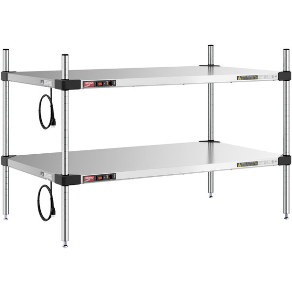 A Metro stainless steel countertop heated takeout station with two shelves on each side.