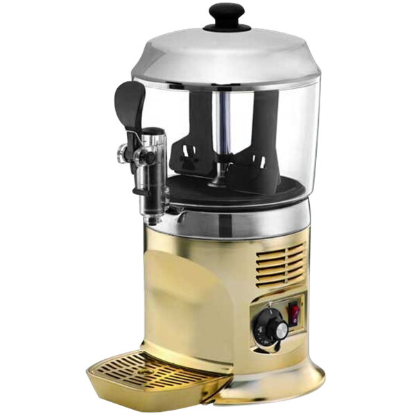 A gold and black Sephra hot chocolate dispenser with a lid.