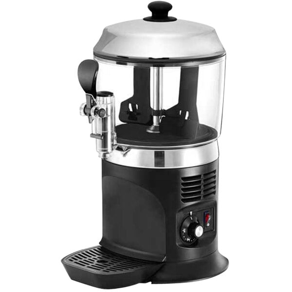 A black and silver Sephra hot chocolate dispenser with a lid.