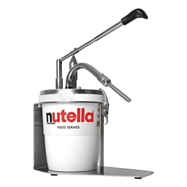 A Sephra Nutella dispenser in a white bucket with a lid and metal stand.