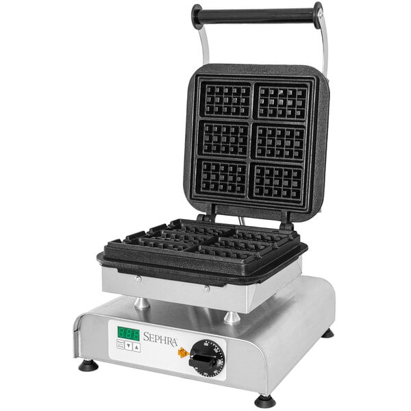 A Sephra square waffle on a stick maker with a square griddle on top.