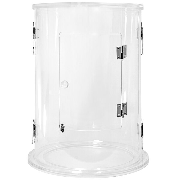 A clear plastic cylinder with metal handles and a door.
