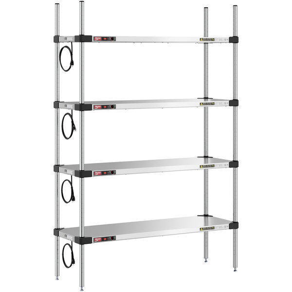 Metro Super Erecta 14" x 42" Stainless Steel 4-Shelf Heated Stainless Steel Takeout Station with 63" Chrome Posts