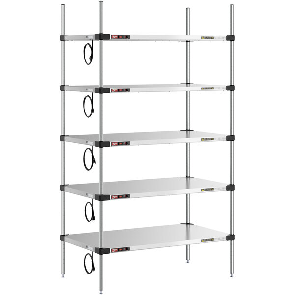 A Metro Super Erecta heated stainless steel takeout station with 4 shelves.
