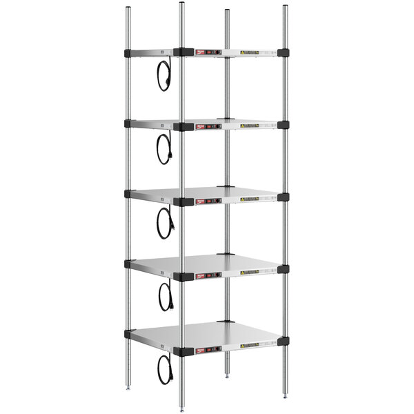 A Metro Super Erecta stainless steel heated takeout station with 5 shelves and black cords.