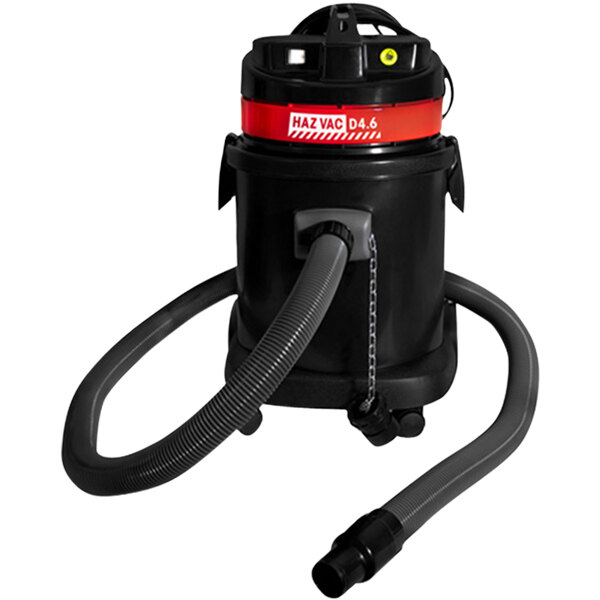 A black and red Atrix hazardous particulate canister vacuum with a hose attached.