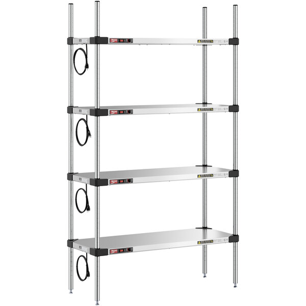 A Metro Super Erecta stainless steel heated takeout station with three shelves.