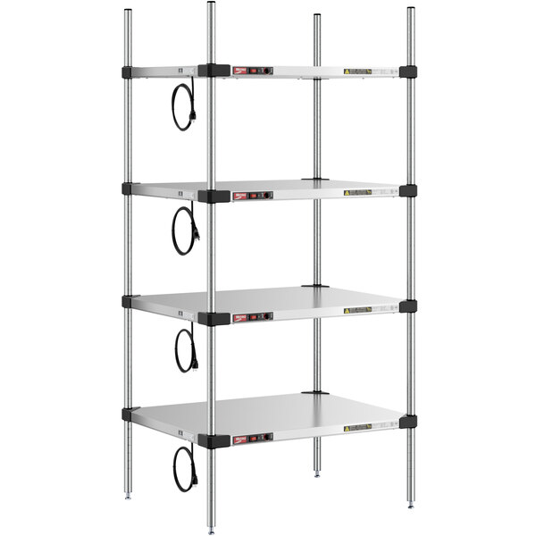 Metro Super Erecta 24" x 30" Stainless Steel 4-Shelf Heated Stainless Steel Takeout Station with 63" Chrome Posts