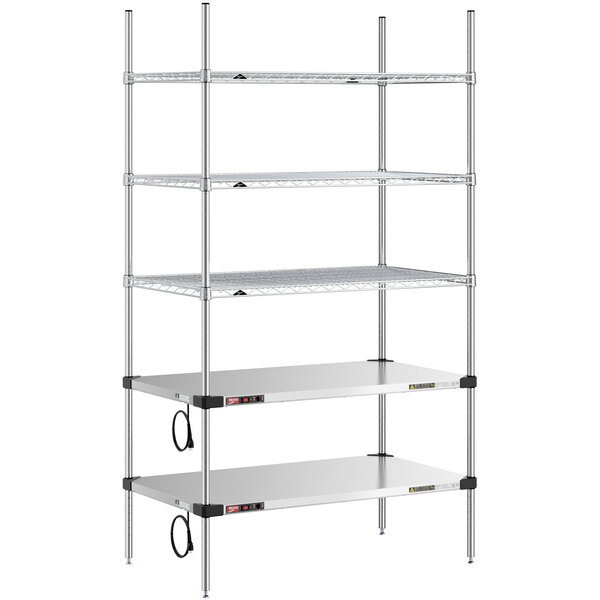 A Metro Super Erecta metal shelving unit with heated and chrome shelves.