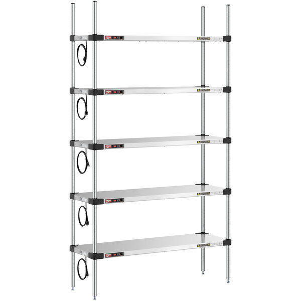A Metro Super Erecta heated stainless steel takeout station with four shelves.