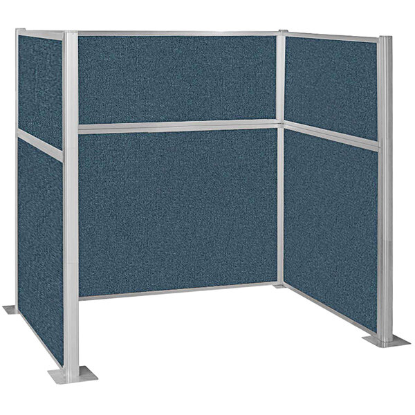 A Versare Caribbean blue U-shaped cubicle with silver metal posts.