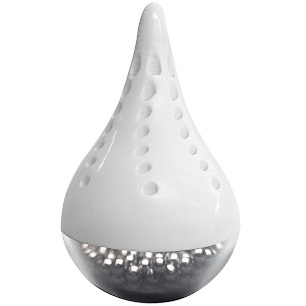 A white and silver stainless steel decanter cleaning ball with holes.