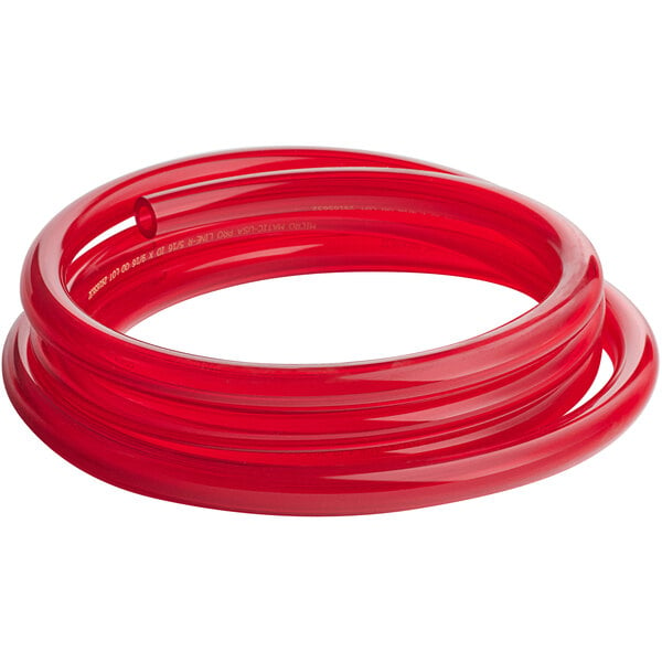 A red Micro Matic vinyl gas hose on a white background.