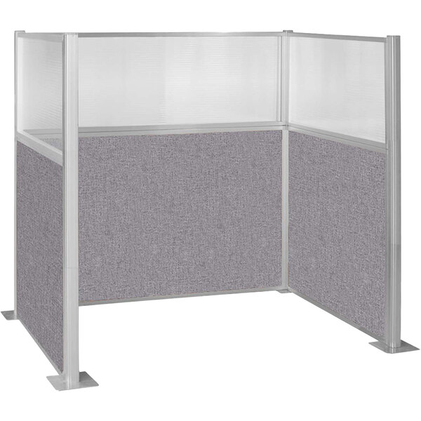 A grey Versare Hush Panel U-shape cubicle with a white frame and window.