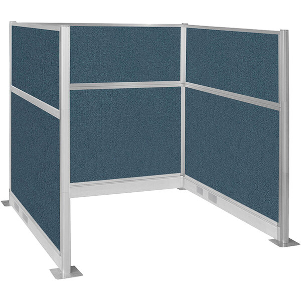 A Versare Hush Panel Caribbean U-Shape cubicle with blue fabric panels and two metal legs.