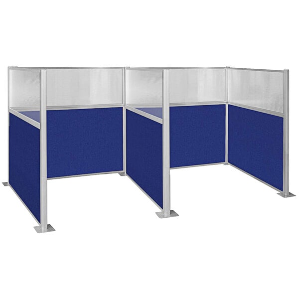 Three royal blue Versare Hush Panel partition screens with metal frames forming a double cubicle.