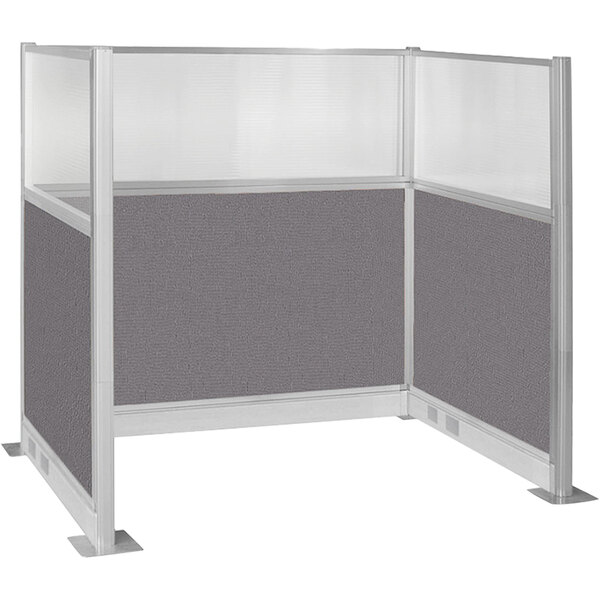 A Versare Hush Panel U-shaped cubicle with gray panels and a silver frame.