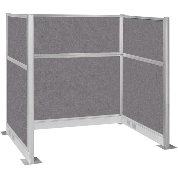 A white and gray Versare Hush Panel U-shaped cubicle with a metal frame.