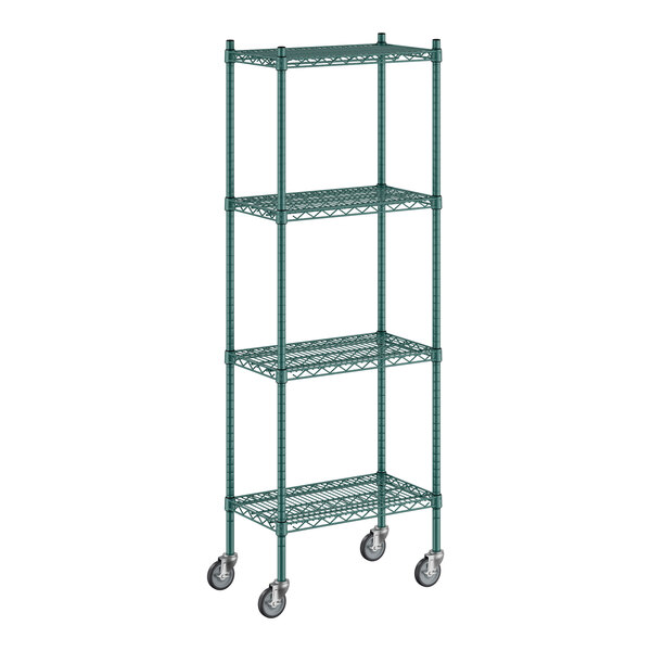 A green wire Regency shelving unit with casters.