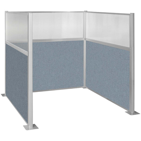 A Versare Hush Panel U-shaped cubicle with blue fabric.