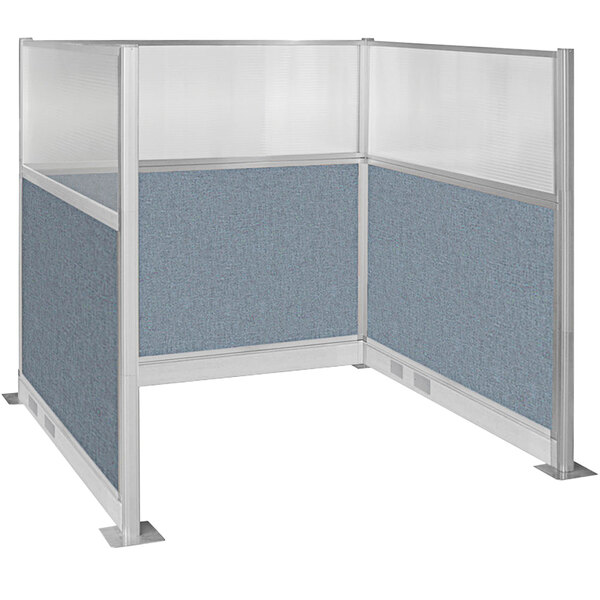 A Versare Hush Panel U-shaped office cubicle with blue fabric.