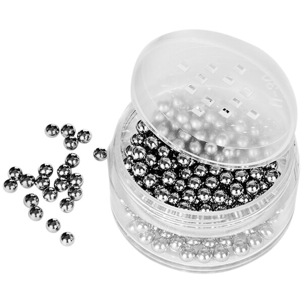 A plastic container filled with Franmara stainless steel decanter cleaning balls.