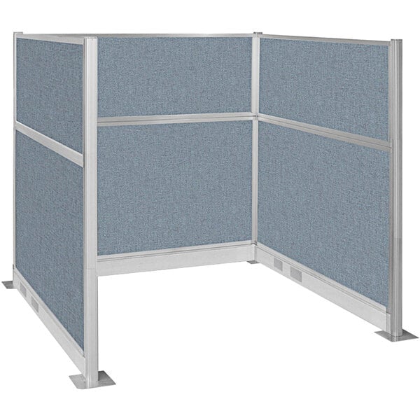 A Versare Hush Panel U-Shape Cubicle with blue fabric panels and metal frame.