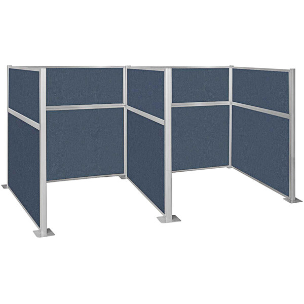 A Versare Hush Panel double cubicle with blue fabric panels and white frame.