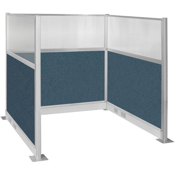 A Versare Hush Panel Caribbean U-Shape cubicle with white and blue surfaces.