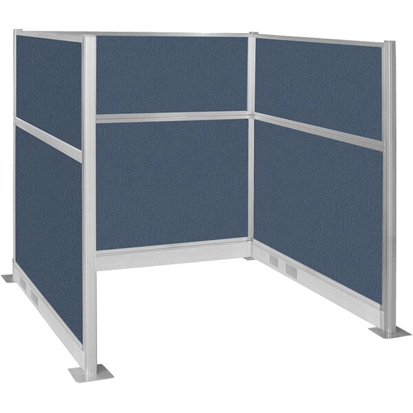A Versare Hush Panel Ocean U-Shape Cubicle with blue panels and metal frames.