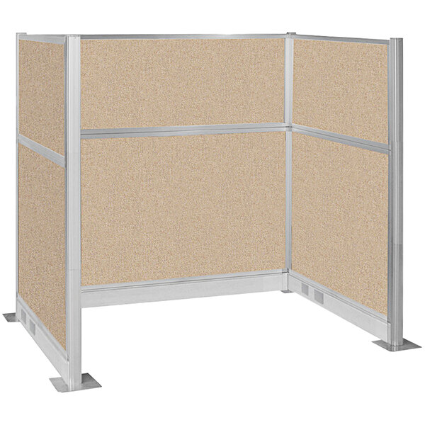 A white and tan Versare U-shaped cubicle with a metal frame and glass panels.