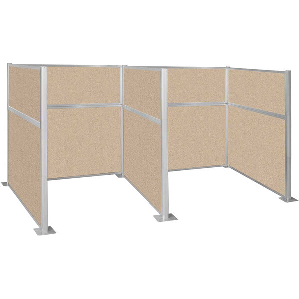 A beige Versare Hush Panel double cubicle with two metal legs.