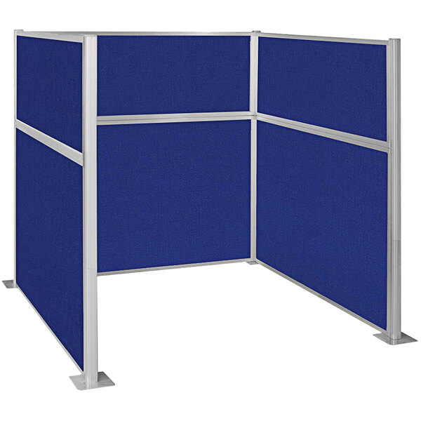 A Versare royal blue cubicle partition with metal frame.