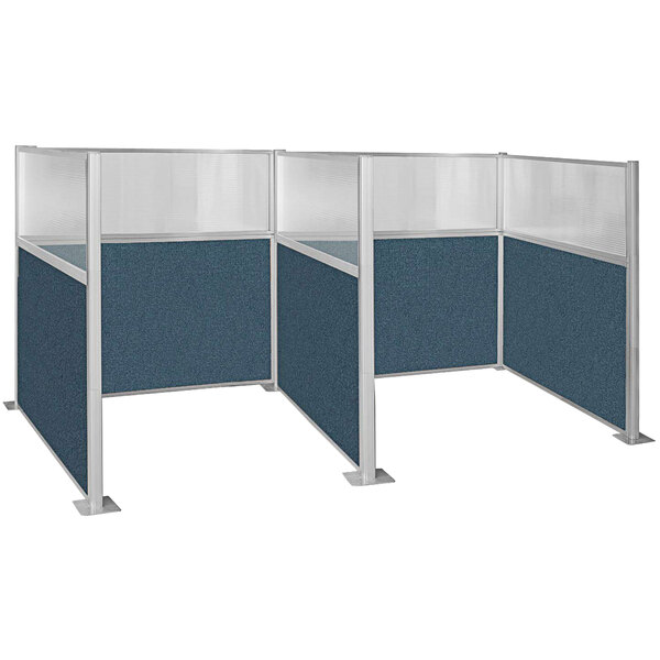 A Versare Hush Panel H/W-Shape Double Cubicle with Caribbean Blue Fabric and Silver Trim.